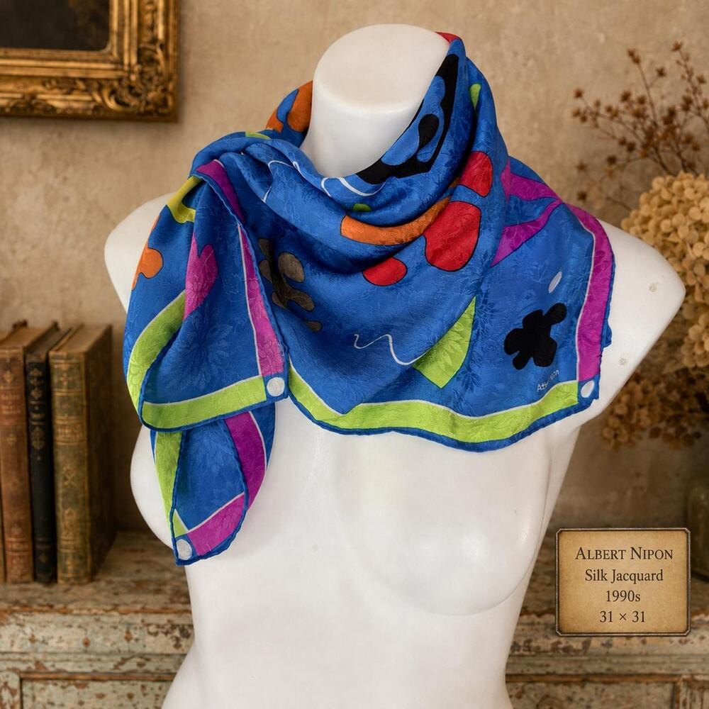 Vintage Albert Nipon Silk Jacquard Scarf 1990s Matisse Cutout Abstract 31x31